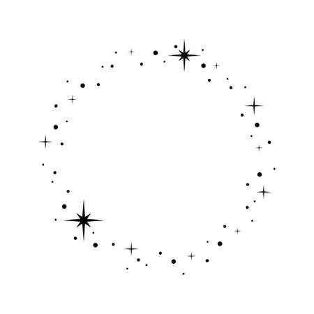 Sparkle star circle frame. Wreath round stardust border for party, birthday decor design. Laurel frame with, cosmic glitter shine. Isolated black flat vector illustration.のイラスト素材
