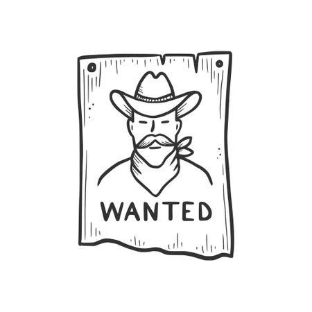 Hand drawn bandit cowboy wanted element. Comic doodle sketch style. Cowboy bandit, western concept icon. Isolated vector illustration.のイラスト素材