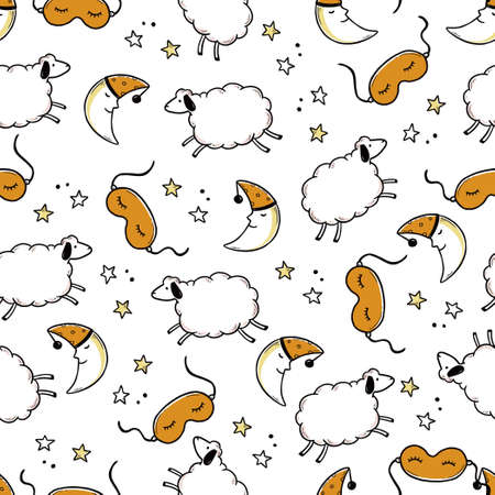 Sleep, bed time seamless pattern. Zzz, dream time kids background. Hand drawn sketch doodle style. Sheep, sleep mask, moon element. Vector illustration.のイラスト素材