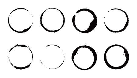 Coffee stain ring set. Vector illustration. Drink stain stamp with round shape and splash element. Coffee cup bottom circle effect.のイラスト素材