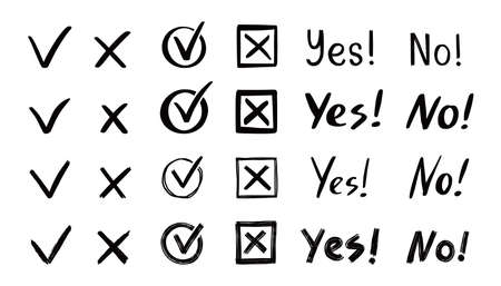 Check and cross mark set. Hand drawn doodle sketch style. Vote, yes, no drawn concept. Checkbox, cross mark with box, circle element. Vector illustration.のイラスト素材