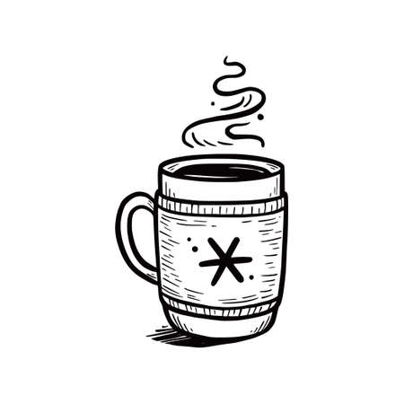 Hot winter drink cup with knitting scarf. Warm coffee, tea, chocolate. Hand drawn sketch style. Drink christmas mug. Vector illustration.のイラスト素材