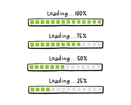 Loading bar doodle element set. Hand drawn line sketch style. Slow download speed, progress status, internet load bar concept. Isolated vector illustration.のイラスト素材
