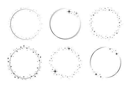 Star circle frame set. Wreath round stardust border for party, birthday decor design. Laurel frame with, cosmic glitter shine. Isolated black flat vector illustration.のイラスト素材