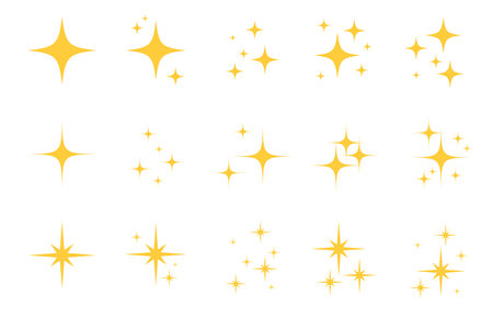Flash sparkle flat star icon set. Twinkle star silhouette for gold sparkle, yellow glitter light, magic shiny flare effect. Isolated vector illustration.のイラスト素材