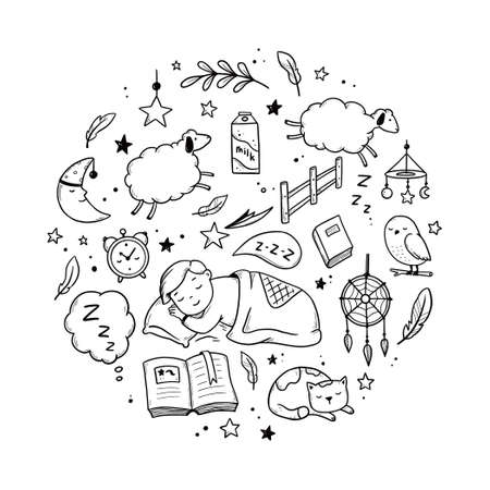 Sleep, relax time, dream night doodle set. Concept comfort night sleep time. Hand drawn sketch style. Moon, cat, star, lamp element. Vector illustration on white background.のイラスト素材