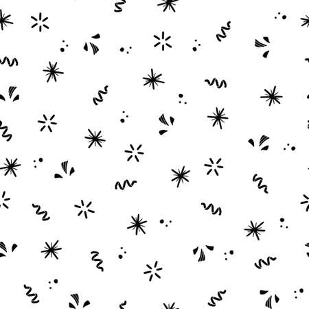 Christmas confetti, snowflake, party serpentine seamless pattern. Hand drawn doodle style christmas party pattern. Vector illustration.のイラスト素材