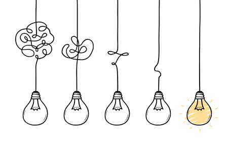 Concept of simplifying complex, confuse problem, purpose understand. Chaos path and idea concept with doodle lightbulbs. Hand drawn sketch style vector illustration.のイラスト素材