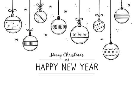 Doodle christmas ball element set. Hand drawn sketch style ball. Cute christmas bauble for border, background design with text place. Isolated vector illustration.のイラスト素材