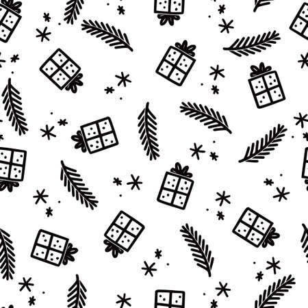 Christmas gift box seamless pattern. Hand drawn doodle style winter christmas pattern. Vector illustration.のイラスト素材