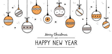 Doodle christmas ball element set. Hand drawn sketch style ball. Cute christmas bauble for border, background design with text place. Isolated vector illustration.のイラスト素材