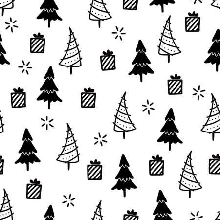 Christmas tree seamless pattern. Hand drawn doodle style winter christmas pattern. Vector illustration.のイラスト素材