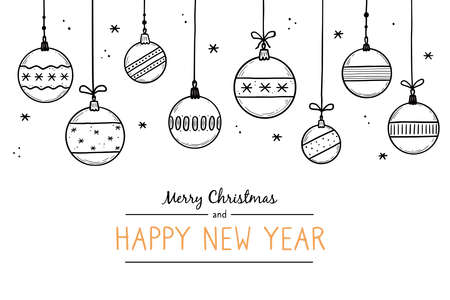 Doodle christmas ball element set. Hand drawn sketch style ball. Cute christmas bauble for border, background design with text place. Isolated vector illustration.のイラスト素材