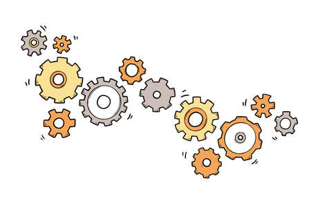 Hand drawn gear set. Doodle sketch style color gear mechanism. Concept of business idea, teamwork, progress background. Doodle cog vector illustration.のイラスト素材