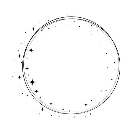 Sparkle star circle frame. Wreath round stardust border for party, birthday decor design. Laurel frame with, cosmic glitter shine. Isolated black flat vector illustration.のイラスト素材