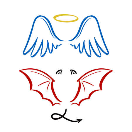 Angel and devil stylized vector illustration. Angel with wing, halo. Devil with wing and tail. Hand drawn line sketch style.のイラスト素材