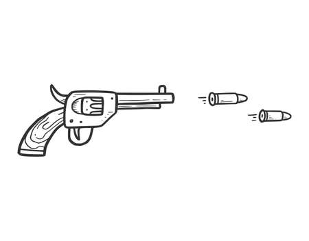 Hand drawn revolver gun with bullet element. Comic doodle sketch style. Cowboy, western concept icon. Isolated vector illustration.のイラスト素材