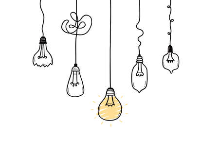 Concept of simplifying complex, confuse problem, purpose understand. Chaos path and idea concept with doodle lightbulbs. Hand drawn sketch style vector illustration.のイラスト素材