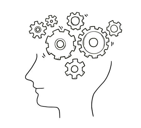 Brain think, brainstorming concept. Doodle sketch style mind gear mechanism. Symbol of intelligent, creative process, idea background. Education concept vector illustration.のイラスト素材