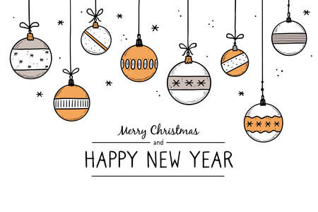 Doodle christmas ball element set. Hand drawn sketch style ball. Cute christmas bauble for border, background design with text place. Isolated vector illustration.のイラスト素材