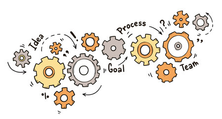 Hand drawn gear set. Doodle sketch style color gear mechanism. Concept of business idea, teamwork, progress background. Doodle cog vector illustration.のイラスト素材