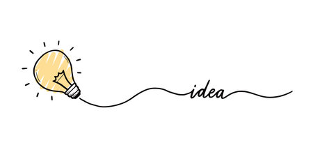 Idea light bulb. Doodle hand drawn sketch style lamp. Concept of business idea, solution, brainstorm. Lightbulb with line curve. Pencil draw style vector illustration.のイラスト素材
