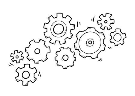 Hand drawn gear set. Doodle sketch style gear mechanism. Concept of business idea, teamwork, progress background. Doodle cog vector illustration.のイラスト素材