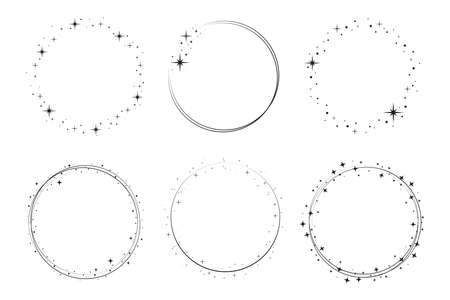 Star circle frame set. Wreath round stardust border for party, birthday decor design. Laurel frame with, cosmic glitter shine. Isolated black flat vector illustration.のイラスト素材