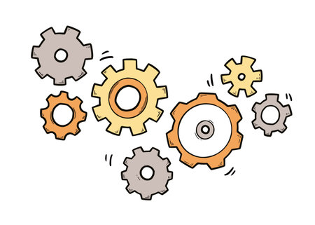 Hand drawn gear set. Doodle sketch style color gear mechanism. Concept of business idea, teamwork, progress background. Doodle cog vector illustration.のイラスト素材