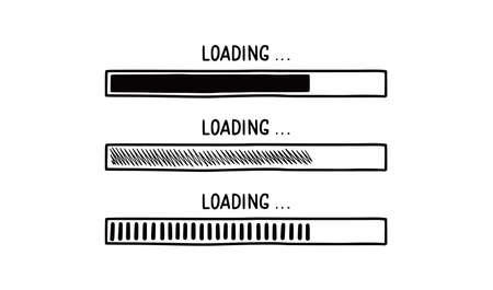 Loading bar doodle element set. Hand drawn line sketch style. Slow download speed, progress status, internet load bar concept. Isolated vector illustration.のイラスト素材