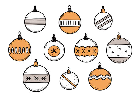 Doodle christmas ball set. Hand drawn sketch style. Color christmas bauble with black line. Isolated vector illustration.のイラスト素材