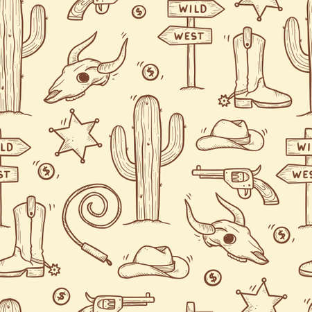 Cowboy western doodle seamless pattern. Hand drawn sketch line style. Cowboy shoe, cow skull, gun, cactus element. Wild west vector illustration.のイラスト素材
