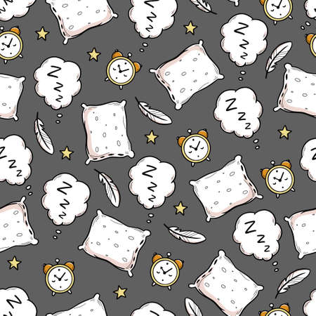Sleep, bed time seamless pattern. Zzz, dream time kids background. Hand drawn sketch doodle style. Star, pillow, moon element. Vector illustration.のイラスト素材