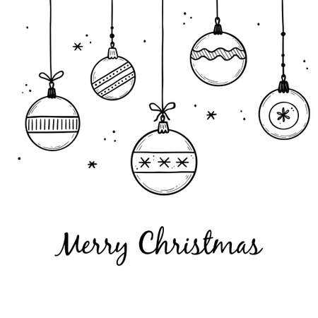 Doodle christmas ball element set. Hand drawn sketch style ball. Cute christmas bauble for border, background design with text place. Isolated vector illustration.のイラスト素材