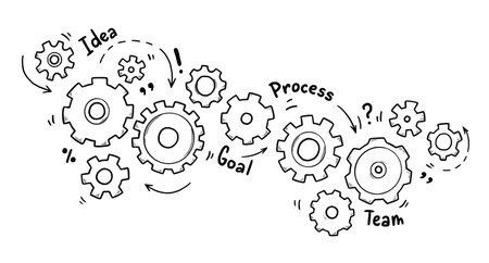 Hand drawn gear set. Doodle sketch style gear mechanism. Concept of business idea, teamwork, progress background. Doodle cog vector illustration.のイラスト素材