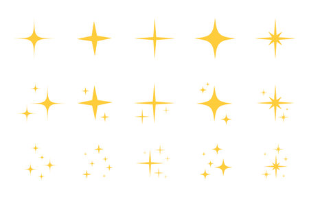 Flash sparkle flat star icon set. Twinkle star silhouette for gold sparkle, yellow glitter light, magic shiny flare effect. Isolated vector illustration.のイラスト素材
