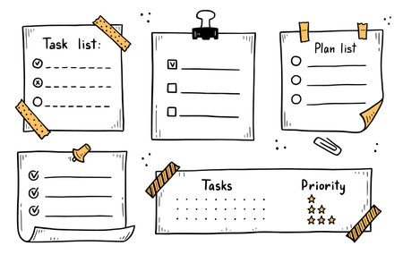 Doodle checklist set. To do, task list with check mark vector illustration. Hand drawn sketch style memo page.のイラスト素材