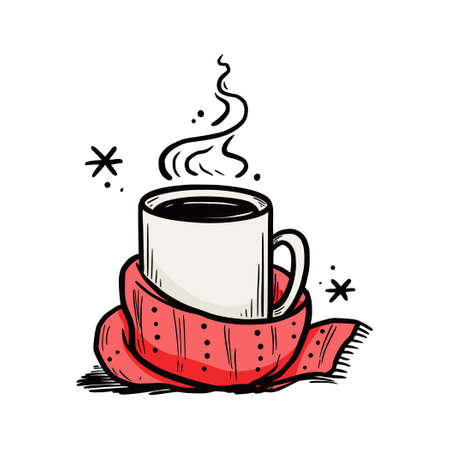 Hot winter drink cup with scarf. Warm coffee, tea, chocolate. Hand drawn sketch style. Drink christmas mug. Vector illustration.のイラスト素材
