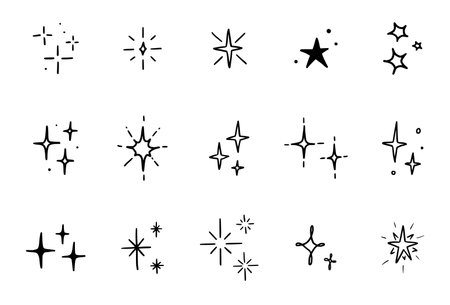 Line star glitter shine of doodle set. Star shine glow, spark glitter, sparkle light vector illustration. Hand drawn sketch doodle style.のイラスト素材