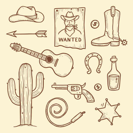 Cowboy western doodle set. Hand drawn sketch line style. Cowboy hat, cow skull, gun, cactus element. Wild west vector illustration.のイラスト素材