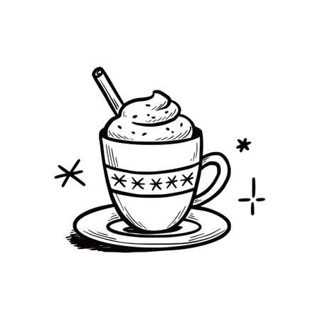 Hot winter drink cup with cream and cinnamon. Warm coffee, tea, chocolate. Hand drawn sketch style. Drink christmas mug. Vector illustration..のイラスト素材