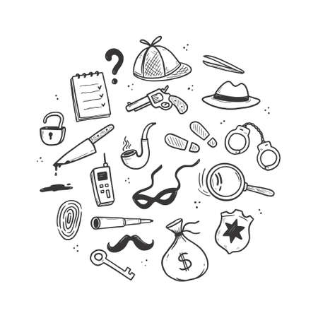Detective doodle set. Hand drawn sketch doodle style. Footprint, fingerprint, magnifier detective investigation element. Vector illustration.のイラスト素材