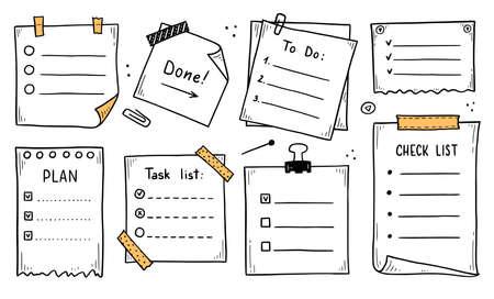 Doodle checklist set. To do, task list with check mark vector illustration. Hand drawn sketch style memo page.のイラスト素材