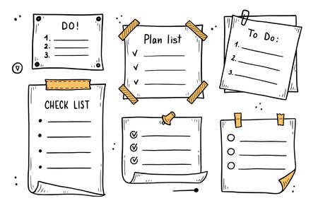 Doodle checklist set. To do, task list with check mark vector illustration. Hand drawn sketch style memo page.のイラスト素材