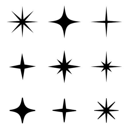 Shine sparkle star icon set. Twinkle star black silhouette for sparkle, glitter light, magic flare effect. Isolated vector illustration.のイラスト素材