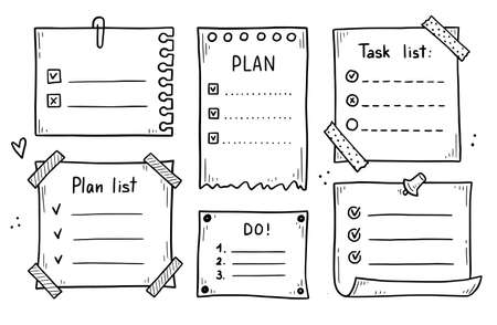 Doodle checklist set. To do, task list with check mark vector illustration. Hand drawn sketch style memo page.のイラスト素材