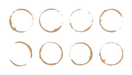 Coffee stain ring set. Vector illustration. Drink stain stamp with round shape and splash element. Coffee cup bottom circle effect.のイラスト素材