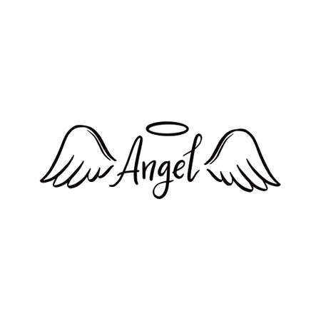 Angel wing with halo and angel lettering text. Hand drawn line sketch style wing. Simple vector illustration.のイラスト素材