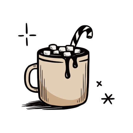 Hot winter drink cup with marshmallow. Warm winter chocolate. Hand drawn sketch style. Drink christmas mug. Vector illustration.のイラスト素材
