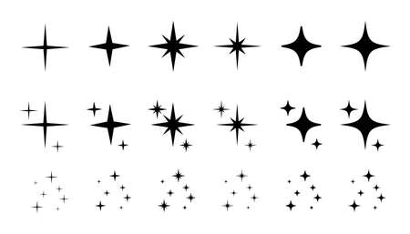 Shine sparkle star icon set. Twinkle star black silhouette for sparkle, glitter light, magic flare effect. Isolated vector illustration.のイラスト素材